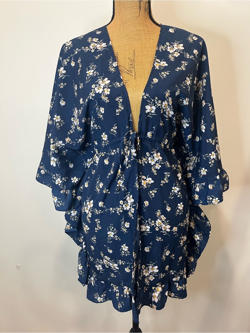 Swim Coverup Cascading Ruffle Tie Front Floral Navy Print Size Large XL - Picture 13 of 14